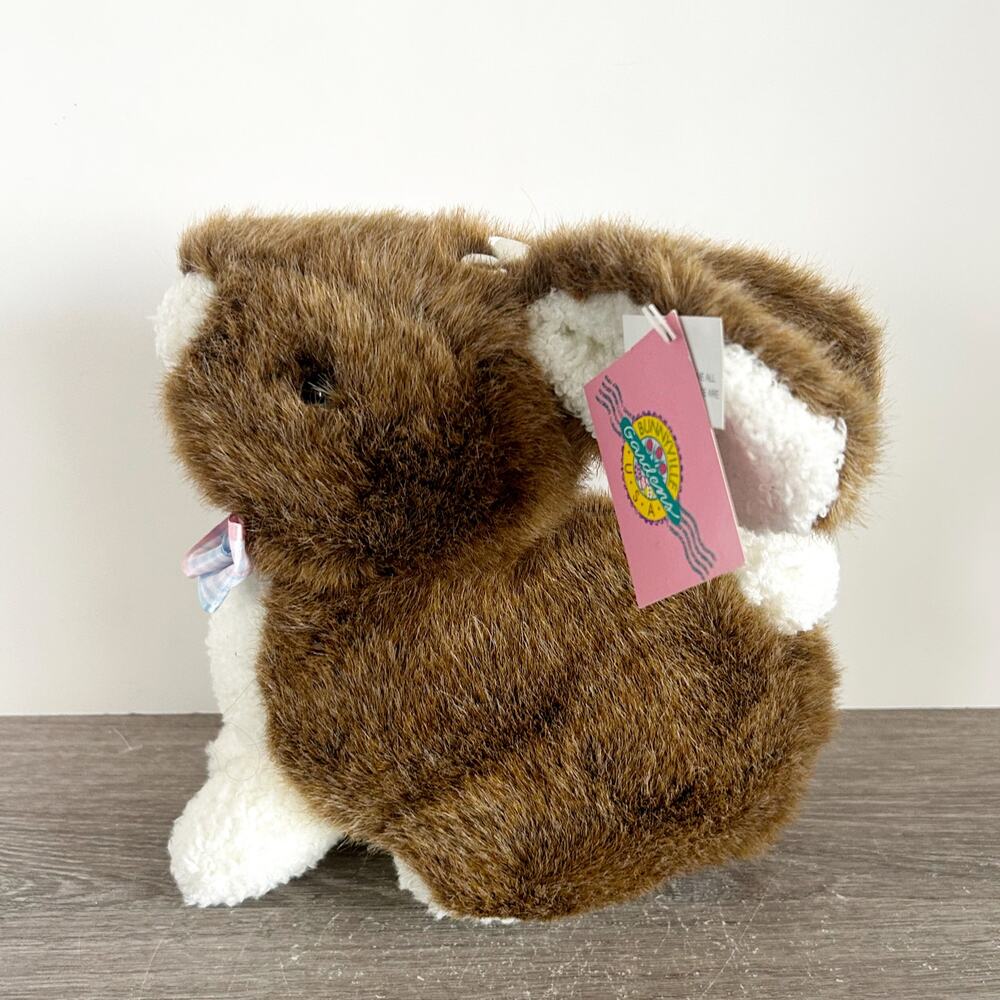Vintage Bunnyville Gardens Brown and White Bunny Rabbit Plush w/ Bow NWT